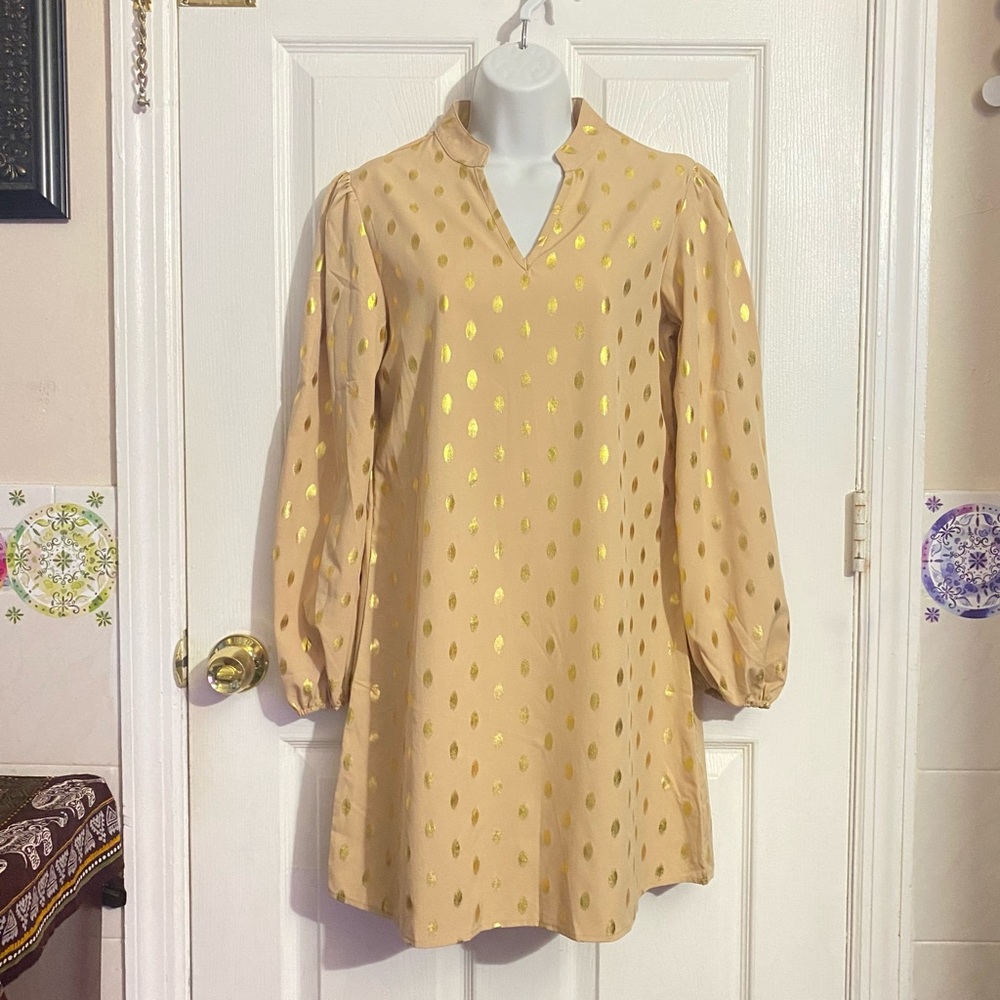 Womens Small-Khaki Nude Gold Foil Polka Dots Shift Dress